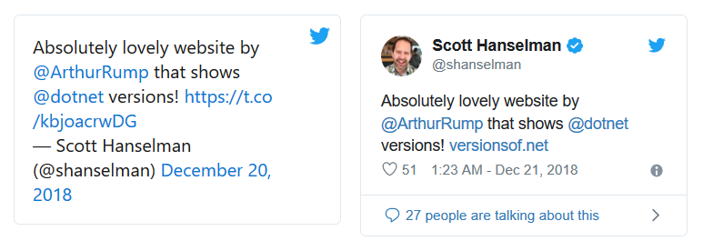 Comparison between my custom styling of the blockquote and Twitter's widget, with a Tweet by Scott Hanselman