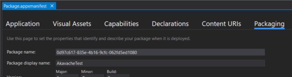 The Packaging tab of Package.appxmanifest