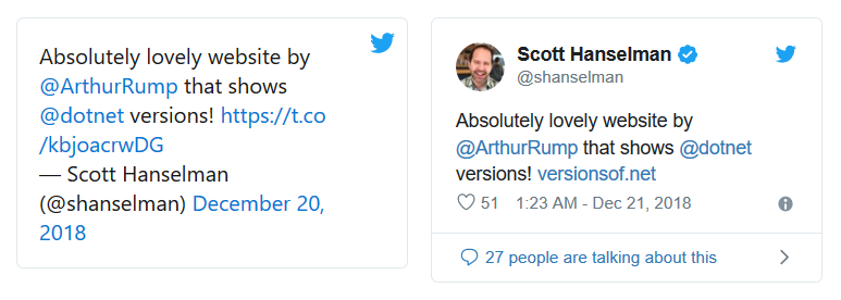 Comparison between my custom styling of the blockquote and Twitter’s widget, with a Tweet by Scott Hanselman