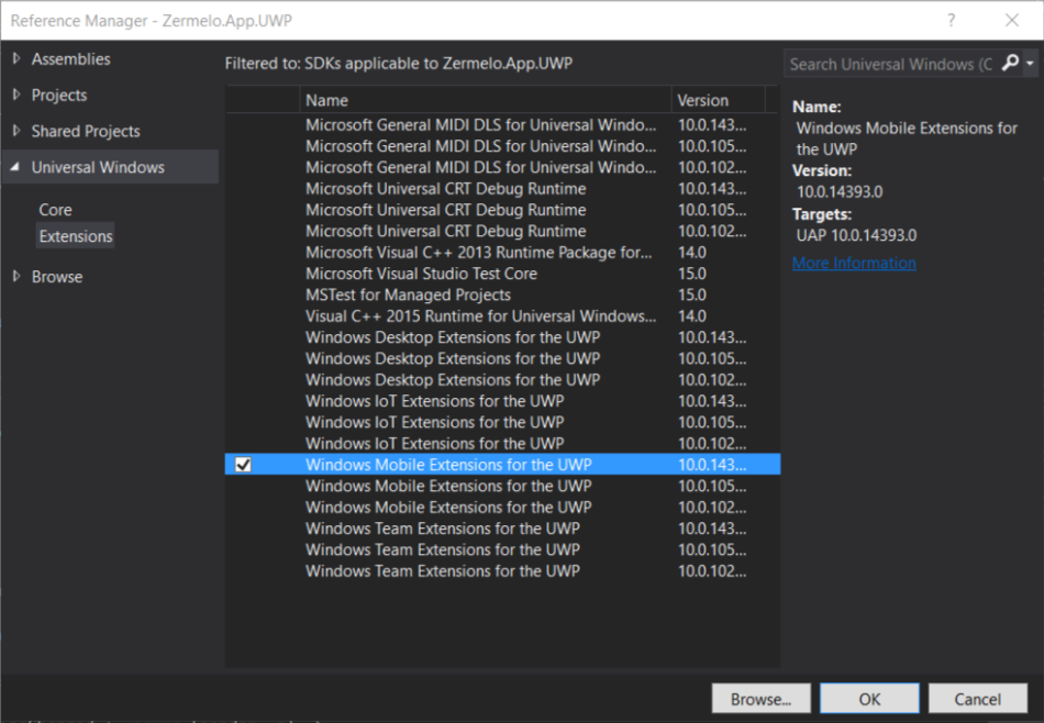 Windows Mobile Extensions for the UWP selected in the ‘Add reference’ dialog