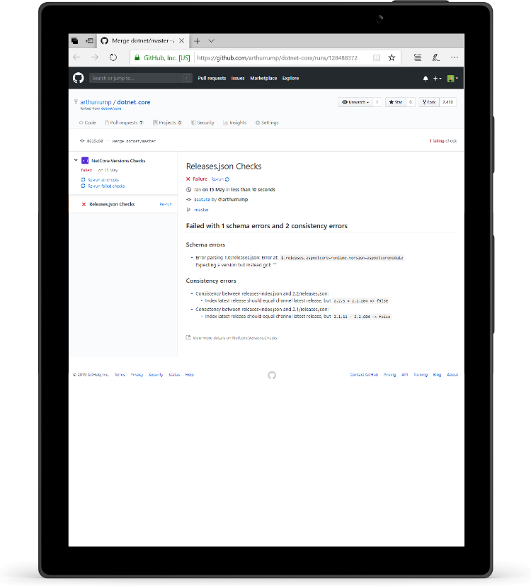 A tablet showing GitHub with a failed check for releases.json files in my fork of dotnet/core