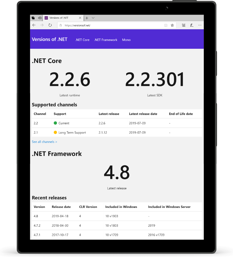 A tablet showing the versionsof.net website